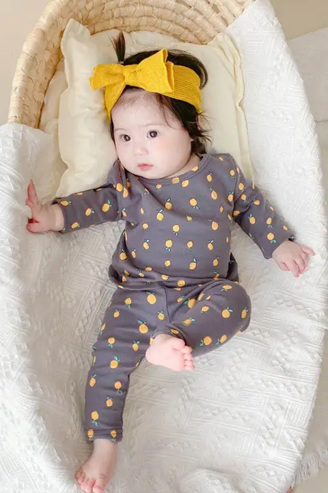 春秋用 韓国風 ベビー 長袖レモンプリント 綿100% 家庭用トップスとパンツ【快適・キッズファッション】（セットアップ対応）