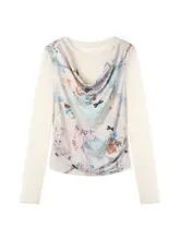 花柄3Dレース付きプリント透け感のある長袖Tシャツ【女性用・夏用・リバーシブル】