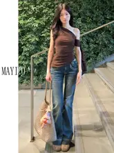 ハイウエストアメリカンスタイルのフレアデニムパンツ【女性用・スリムフィット・春夏用・ロング】