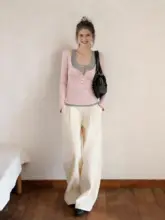 シンプルなデザインのピンク長袖Tシャツ【ヘンリーネック・女性用・フィット感】（セットアップ対応）