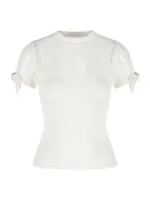 黒いストロベリーのラウンドネック透かし蝶結び短袖Tシャツ【女性用・夏用・シルエット強調・白色ウエストシェイプニット】