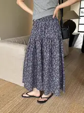 ヴィンテージ風 フラワープリント Aラインロングスカート【ウエストゴム・軽やかなドレープ】