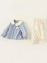 2点セット キッズ ガールズ チェック柄シャツ ピーターパンカラー ロングパンツ キャラクター柄 フレンチ風 可愛い 秋物
