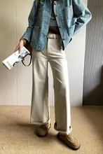 高腰ストレッチデニムワイドパンツ【極上の柔らかさ・フレアデザイン・女性用】