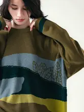 デザイナーによる配色ニットセーター【丸首・長袖・ウール混・秋用】