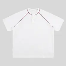 アメリカンレトロ風 ヘンリーネック半袖Tシャツ【ユニセックス・カジュアル・ゆったり】（セットアップ対応）