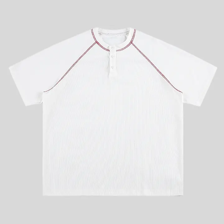 アメリカンレトロ風 ヘンリーネック半袖Tシャツ【ユニセックス・カジュアル・ゆったり】（セットアップ対応）