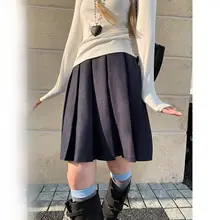 深い青の百褶スカート【女性用・Aライン・短丈・上品な印象】