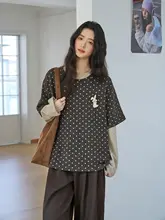 深灰色 ラビット立体プリントドットTシャツ【レディース・春用・長袖・ラウンドネック】（セットアップ対応）