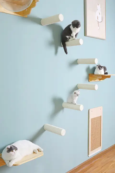 猫用キャットタワー 壁掛け式 素材:無垢材 キャットハウス ジャンプ台 おもちゃ