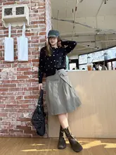 アメリカンスタイルの復古デザイン！ボタン付きハイウエストプリーツAラインスカート【七分丈・体型カバー】