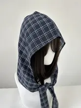 チェック柄のシンプルフード付き帽子【長いリボン付き・日よけ・アウトドア用】（セットアップ対応）