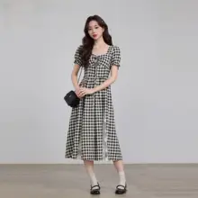 夏用レース切替チェック柄Aラインワンピース【特徴的なウエストデザイン・女性用】