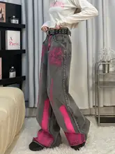 ストリートスタイルのデニムパンツ【ユニセックス・レトロ風・グラフィックプリント・ワイドストレート】