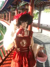 赤いバネット扁帽のロリータスタイル【ハンドメイド・フラミニコス・オリジナルデザイン】