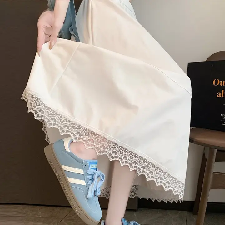 フリル付きプリーツデザインのハイウエストフレアスカート【夏用・大きな裾・着やせ効果】（セットアップ対応）