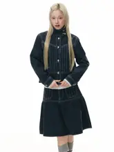 ポケット付き分割プリーツデザインデニムスカート【春用・復古風・Aライン】（セットアップ対応）