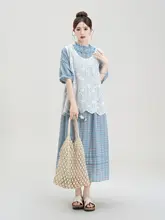 レトロチェック柄のフリル付き半袖ワンピース【刺繍・透かし編みデザイン・夏用】（セットアップ対応）