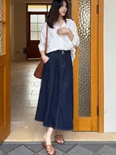 高腰デニム素材のAラインスカート【春夏用・中長丈・エレガントデザイン】