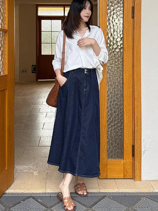 高腰デニム素材のAラインスカート【春夏用・中長丈・エレガントデザイン】
