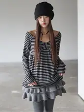 レトロストライプオフショルダー長袖Tシャツ【リボン付き・ゆったり・春用】