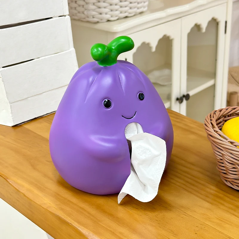 かわいいキャラクターのナス型ティッシュボックス：縦置きでデスクトップを彩るおしゃれなティッシュケース