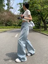 浅い色合いのフレアワイドレッグデニムパンツ【アメリカンヴィンテージ・ハイウエスト・スリム効果・ダメージデザイン】