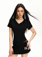 Vネック抽褶短袖Tシャツ【夏用・ウエストシェイプ・スリムフィット・ニット】