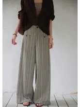 ストライプデザインのハイウエストワイドパンツ【した通勤スタイル】（セットアップ対応）