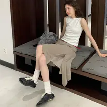 美式レトロ風アセテート不規則スリットミディスカート【夏用・デザイン性のあるおしゃれ】