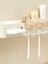 原木製の洗面器＆洗顔タオル置き架【ホワイトカラー・電動歯ブラシホルダー付き】