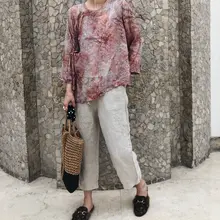 大きいサイズのレトロ民族風プリント長袖シャツ【コットンリネン混・春夏用・和風デザイン】（セットアップ対応）