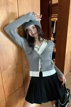 pusumede 二重風Vネック長袖カーディガン【春秋用・スリムフィット・ニットトップス】