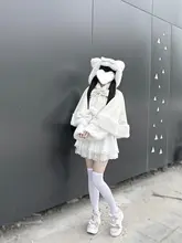 米杏色の猫耳付きリボンデザインフード付きケープコート【ロリータ・ウール混・秋冬用】
