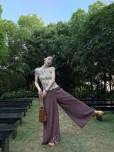 夏用 涼しげな雪纺無袖Tシャツ【グラデーションプリント・短袖・ひだデザイン】