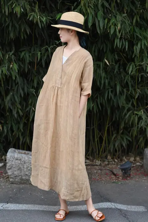 有間製 天然リネン刺繍Vネックワンピース【ゆったりフィット・スタイル・ロング丈・夏用】