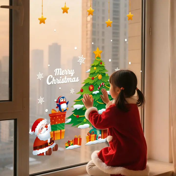 クリスマス装飾用静電気ガラスステッカー【窓貼り・室内用・サンタクロースとツリーデザイン】