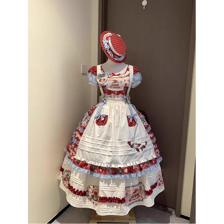 草莓田園風ロリータワンピースエプロン【可愛いデザイン・優雅な日常着】（セットアップ対応）