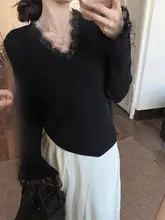 レディース ブラックレースコンビネーションVネックセーター【秋春用・上品なニット】