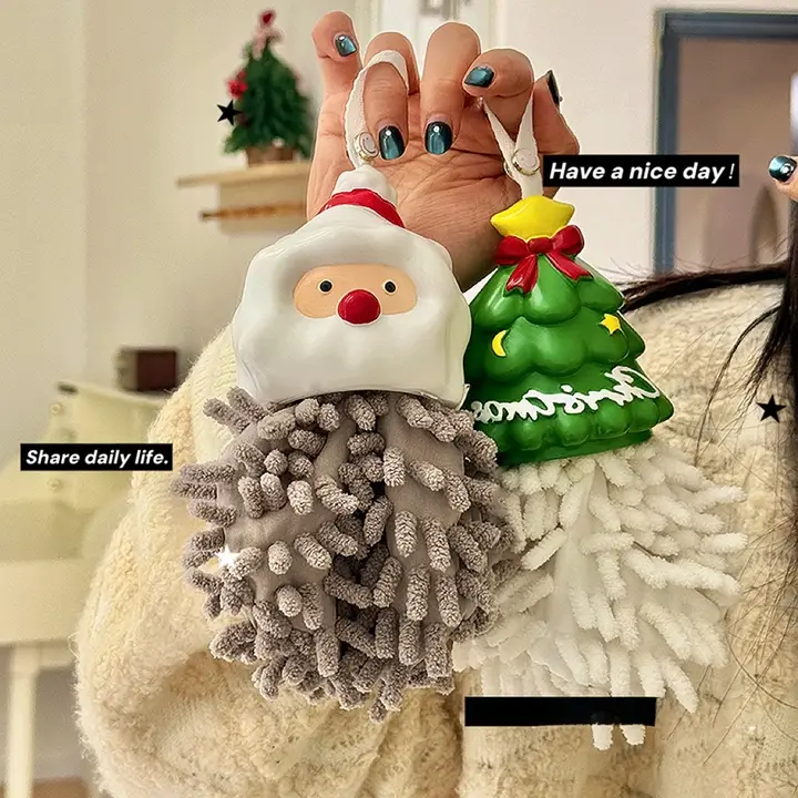 ふきん ハンドタオル ループ付き 雪だるま クリスマスツリー柄 かわいい 吸水力抜群 キッチン トイレ 手拭き