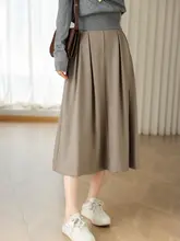 リネン素材の通気性ハイウエストミディスカート【体型カバー・秋用・女性用】
