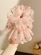 ピンクの花柄刺繍ナイロンヘアゴム【大きめデザイン・夏用】（セットアップ対応）