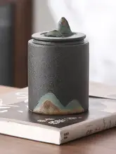 手描きの遠山デザイン 茶葉缶【黒陶製・密封タイプ】