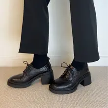 牛革製 英倫風レトロ厚底ハイヒールローファー【丸トゥ・紐付き・女性用】