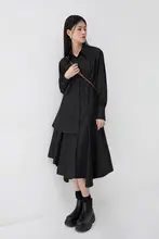 ポロ 不対称デザイン シャツワンピース【中長丈・高級感・ブラック】