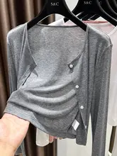 夏季用ニットカーディガン【丸首・ゆったり長袖・グレー・UVカット・ショート丈トップス】（セットアップ対応）