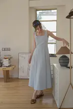 シンプルなデザインのフレアドレス【ボックス型ネック・ウエストリボン・大口ポケット】