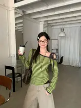 アボカドグリーンストライプワンショルダー長袖Tシャツ【女性用・スリムフィット・春用・リベット付き】