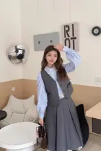 学院風の少女向け刺繡レースストライプシャツ・蝶結びベスト・ミディスカート（セットアップ対応）