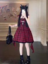 赤黒チェック柄キャミソールドレス【夏用・肩紐付き・ロリータ風】